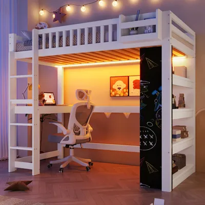 Immagine prodotto di Letto a castello Flieks 90x200 cm con scrivania e ripiani, lettino con lavagna e LED, letto a soppalco con scaletta e rete a doghe, letto a castello bianco