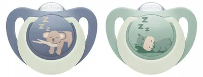 Zdjęcie produktu dla Silikonowy smoczek NUK First Choice Night 0-6m 2 szt Hippo/Koala, vel. 0-6 m