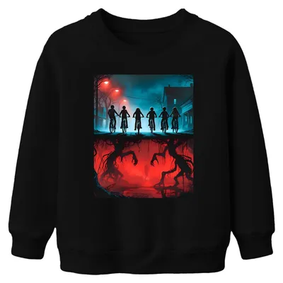 Produktbild von Upside Down Kinder Fahrräder Horror 80er Retro Kinder Sweatshirt Pullover, Schwarz, 152