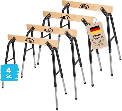 Produktbild von 4x Arbeitsbock höhenverstellbar – belastbar bis 300 kg/Paar | Profi-Qualität – Aus robustem Stahl und Holz – zusammenklappbarer Gerüstbock