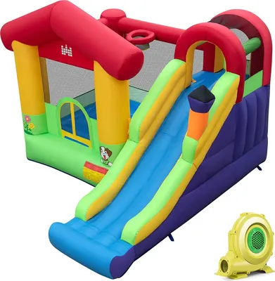 Produktbild von GOPLUS Aufblasbare Hüpfburg mit 680W Gebläse, 4-in-1 Kinderhüpfburg mit Sprungbereich, Rutsche, Kletterwand & Basketballkorb, Hüpfschloss für Kinder ab 3 Jahren