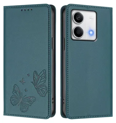 Obrázek produktu pro Kožené pouzdro pro Xiaomi Redmi Note 13 5G, motýlí ražbou, peněženkové flip pouzdro se stojánkem Zelená