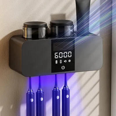 Produktbild von UV Zahnbürstenhalter Sterilisator, Elektrische Zahnbürstenhalter mit 4 Zahnbürstenschlitzen und 2 Zahnputzbecher, Zahnbürsten Organisator mit Trocknungsfunktion für Kinder und Erwachsene (Schwarz)