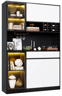 Produktbild von Moonbite Highboard 180 cm mit Glastüren, Wohnzimmerschrank offene Ablagen Weinregal Schubladen, Aufbewahrungsschrank Küche Esszimmer Büro, MDF-Platte, Schwarz