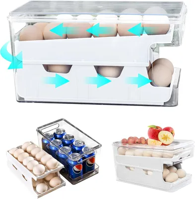 Produktbild von Eierhalter, Eierbehälter für kühlschrank, Doppelspuriger automatischer Roll-Eierhalter, Eier Aufbewahrungsbox, Eierspender, Weiß