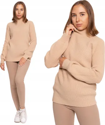 Imagen del producto de Suéter beige para mujer, de punto suelto, talla L. Suéter beige de diseño moderno para mujer. Suéter con cuello medio