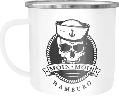 Produktbild von Emaille Tasse Becher Totenkopf Matrose Anker Motiv Skull Emblem Schriftzug Moin Moin Hamburg Kaffeetasse Moonworks® weiß-metall Emailletasse