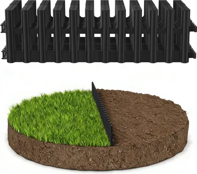 Produktbild von Faziango Plastik Rasenkante 12-teilig Set | 43x13 cm Hoch | Flexible Beetumrandung Garten | Witterungsbeständig Anthrazit | Inklusive 24 Erdnägeln 20 cm