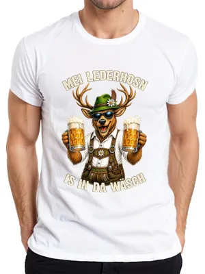 Produktbild von Mei Lederhosn is in da Wäsch Hirsch  Lederhose Dirndl Herren T-Shirt, Weiß, L