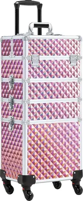 Image de valise trolley de maquillage 4 en 1 avec roulettes et tiroir - Valise cosmétique rose
