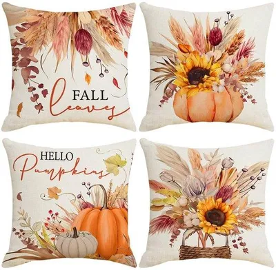 Produktbild von Unyqoos® 4er-Set Kissenhüllen 45×45 cm – Herbstdesign mit Kürbisprint, Leinen, verdeckter Reißverschluss, waschbar bis 30 °C