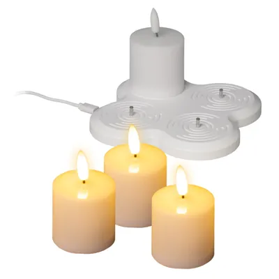 A set of LED candles with a charging base and USB-C cable.