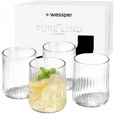 Image de Wessper PURE LYND : Lot de 4 verres de 400 ml en verre borosilicaté, à motifs rainurés, pour le café, le thé et les boissons