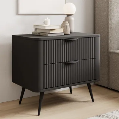 Productafbeelding van Nachtkastje, nachtconsole FLORE, 63 cm, zwart, geribbeld, 2 lades