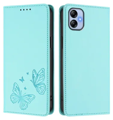 Image de Étui en cuir pour Samsung Galaxy A04E, étui de protection type portefeuille en cuir gaufré « papillon » avec support, couleur turquoise