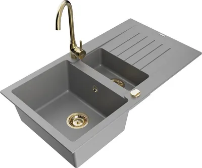Produktbild von Mexen Matias 1,5-Becken-Granitspüle mit Abtropffläche und Mischbatterie Telma, Grau - 6502-71-670200-50