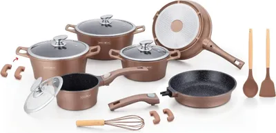 Produktbild von Royalty Line® ES2014 Induktionspfannenset - 17-teiliges Pfannenset - Pfanne mit abnehmbaren Griffen - - & PTFE-frei - Pfannen für alle Wärmequellen - Kupfer