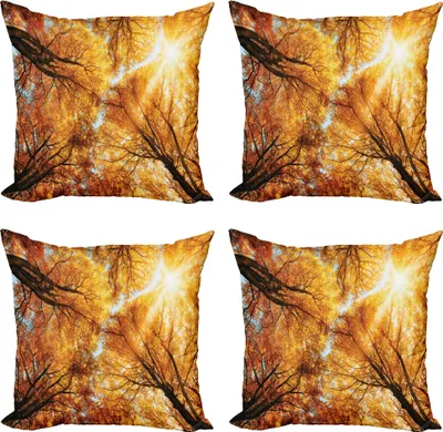 Produktbild von ABAKUHAUS Wald Kissenbezug Set (4 Stück), Autumn Sunbeams Wald, Moderner Doppelseitiger Digitaldruck, 50 cm x 50 cm, Orange Gelb Dunkelbraun