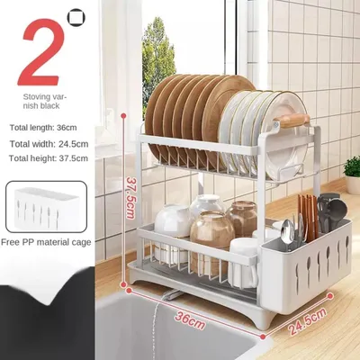 Zdjęcie produktu dla Stojak do suszenia naczyń - suszarka do naczyń dwupiętrowa - stal nierdzewna - z miską do ociekania, pojemnikiem na sztućce i uchwytami - biała