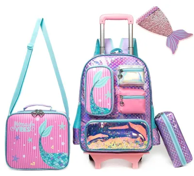 Immagine prodotto di Set da viaggio per bambine a tema sirena, colore lilla, composto da zaino, valigia e astuccio