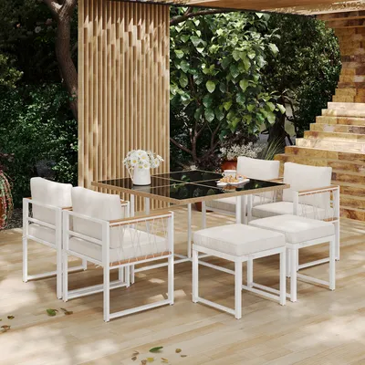 Produktbild von okwish Garten Lounge Set, Gartenmöbel  Sitzgruppe  Balkonmöbel-Set, 7-teiliges Esstisch und Stühle für 6 Personen, PE-Rattan mit Sitzkissen  und Rückenkissen,Holzfarbe+ Weiß