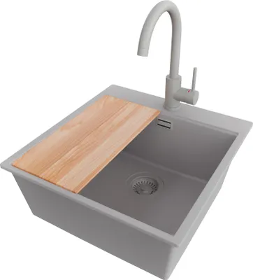 Produktbild von PRIMAGRAN Granitspüle Grau 48x50cm, Spülbecken 1 Becken + Küchenarmatur 32x20cm + Ablauf-Set + Schneidebrett, Küchenspüle ab 50er Unterschrank - Oslo