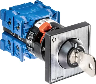 Obrázok produktu pre Vypínač Kraus & Naimer, 1p, montáž z prednej strany, odnímateľný kľúčový vypínač 0+1, Ith=20A, P=5,5 kW (AC-3, 400V), 2x 2,5 mm², 1 ks.