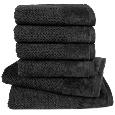 Produktbild von Pure Label 6-TLG Handtücher Set mit Aufhängeschlaufen aus Baumwolle, saugstark und weich - 2xBadetuch 70x140 cm 4xHandtuch 50x100cm, Schwarz