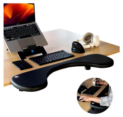 Produktbild von R-Go Armlehnenstütze, ergonomische Unterarmstütze zum Anklemmen, Ellenbogenstütze für Schreibtische, Schwarz