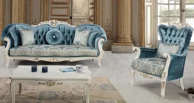 Produktbild von Casa Padrino Luxus Barock Wohnzimmer Set Blau / Weiß / Gold - 2 Sofas & 2 Sessel & 1 Couchtisch - Prunkvolle Wohnzimmer Möbel im Barockstil
