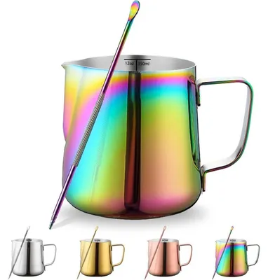 Produktbild von Milchschaumkrug Edelstahl 350 ml mit Dekorationsstift, Regenbogen