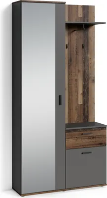 A single hallway cabinet with a mirrored door and wooden accents.