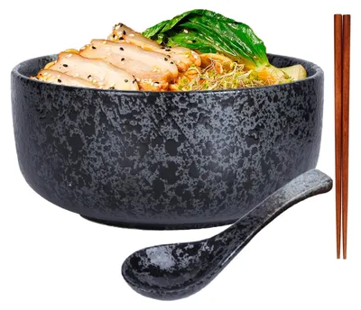 Ramen-Schale aus Keramik, 16 cm, mit Löffel & Stäbchen, Schwarz