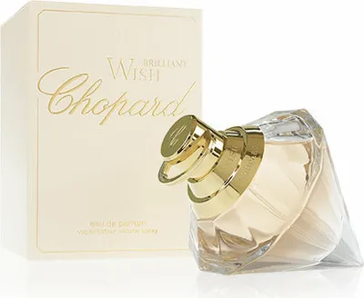 A bottle of Chopard Brilliant Wish Eau de Parfum and its packaging are displayed against a white background.