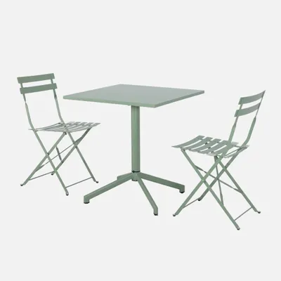 Produktbild von sweeek - Klappbarer Bistro-Gartentisch aus Stahl + 2 Stühle - Graugrün