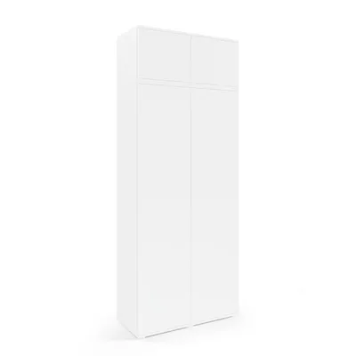 A white, two-door wardrobe with a cabinet on top, shown from a slight angle against a white background.