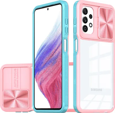 A pink and blue phone case with a clear back and a sliding camera cover is displayed next to a phone with a colorful screen.