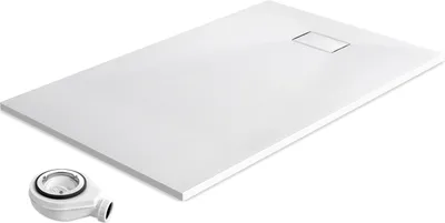 Produktbild von EMKE Duschwanne Flach Rechteckig 140x90cm Duschtasse mit Rutschfeste Struktur in Weißer Steinoptik inkl. Ablaufgarnitur