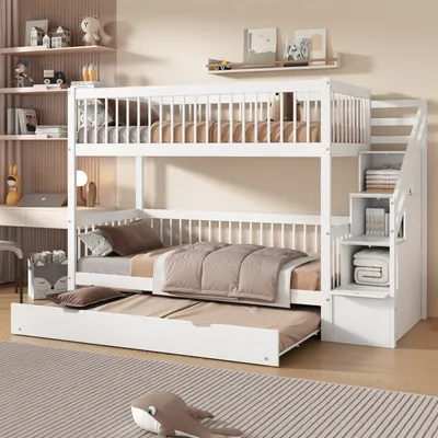 Produktbild von Etagenbett mit Lattenrost und Aufbewahrung, 90x200 cm Kinderbett mit Rausfallschutz, Kiefer