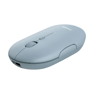 A light blue wireless mouse is shown from a diagonal angle against a white background.