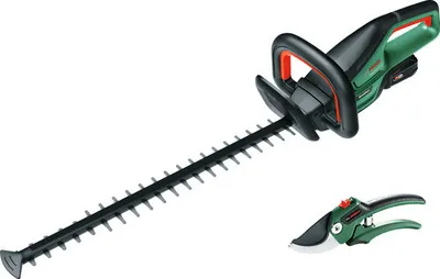 A cordless hedge trimmer and a pair of pruning shears are displayed against a white background.
