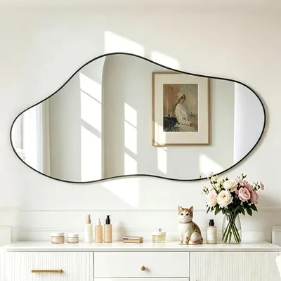 Image de Miroir mural, miroir décoratif pour la salle de bain, miroir asymétrique, idéal pour l'entrée, le maquillage, l'essayage. Miroir mural noir avec cadre métallique, décoration pour salon/chambre (98 x 45 cm)