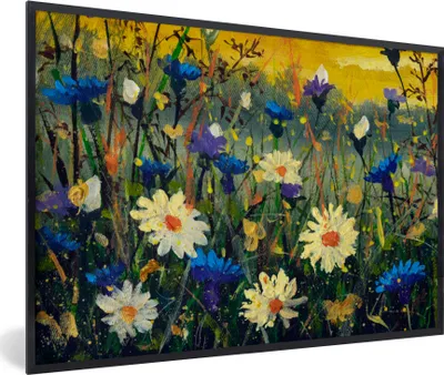 Produktbild von MuchoWow® Gerahmtes Poster Ölfarbe - Blumen - Malerei 60x40 cm - Poster mit Schwarzem Bilderrahmen Wandposter Rahmen Foto Bilder - Printing - Wanddeko Schlafzimmer