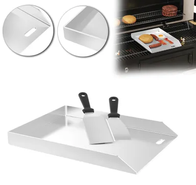 Obrázok produktu pre YARDIN, nerezová grilovacia doska a plech, grilovacia doska/panvica, 30×40×4 cm, hrúbka 4 mm, pre plynový gril v záhrade, s odvodom tuku, vrátane 2 grilovacích špachtlí