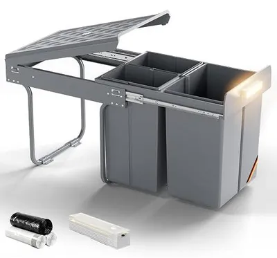 Imagen del producto de Contenedor de basura empotrable para debajo del mueble, sistema de separación de residuos con 3 compartimentos. Cubo de basura extraíble con raíles, con una capacidad de 1 x 20 litros + 2 x 10 litros. Contenedores extraíbles. Cubo de basura de color gris para la cocina