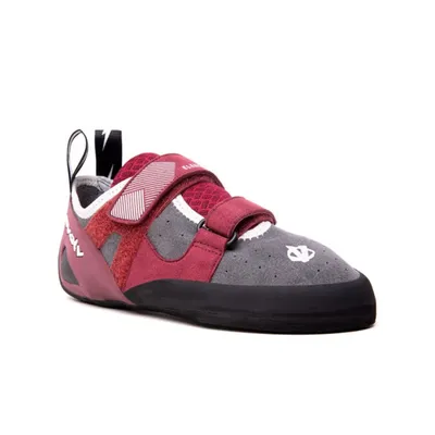 Kletterschuhe Elektra von Evolv in Grau und Rot mit Klettverschluss und Gummisohle.