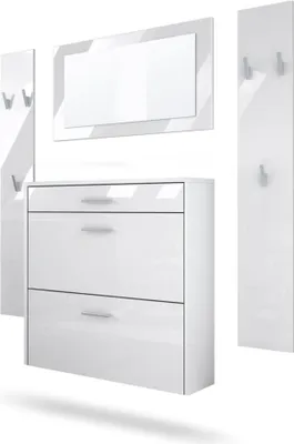 Produktbild von InnoFurn Garderoben-Set Roma Air 4-teilig, Moderne Flurgarderoben Set mit Schuschrank, 2 Wandpaneele und Wandspiegel für Flur & Eingangsbereich,Weiß matt/Weiß Hochglanz