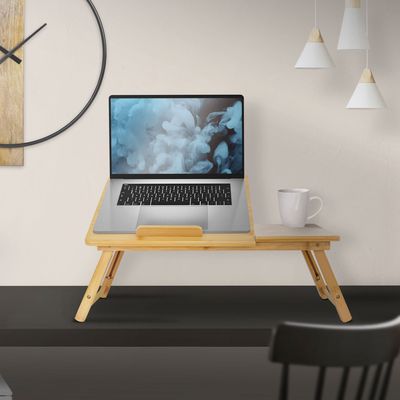 ML-Design Laptoptisch für Bett/Sofa, Braun, aus Bambusolz, höhenverstellbar& klappbare, 4 Neigungswinkel, für Lesen & Frühstück, Laptopständer mit Lüftungslöchern & Schublade, Notebooktisch Betttisch Knietisch
