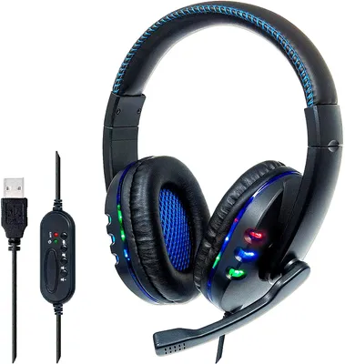 Produktbild von Manhattan USB-Gaming-Headset mit LEDs, Für PC, Mac, PS3 & PS4, verstellbares Mikrofon, integrierte Audiobedienelemente, integriertes USB-Kabel mit 1,8 m Länge, schwarz/blau, Kabelgebunden, Anrufe/Musik, 20 - 20000 Hz, 261 g, Kopfhörer, Schwarz, Blau