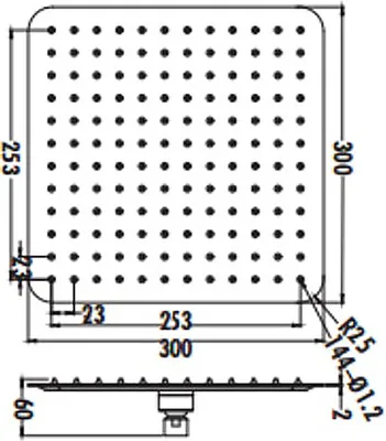 Technical drawing of a square shower head with dimensions and nozzle details.